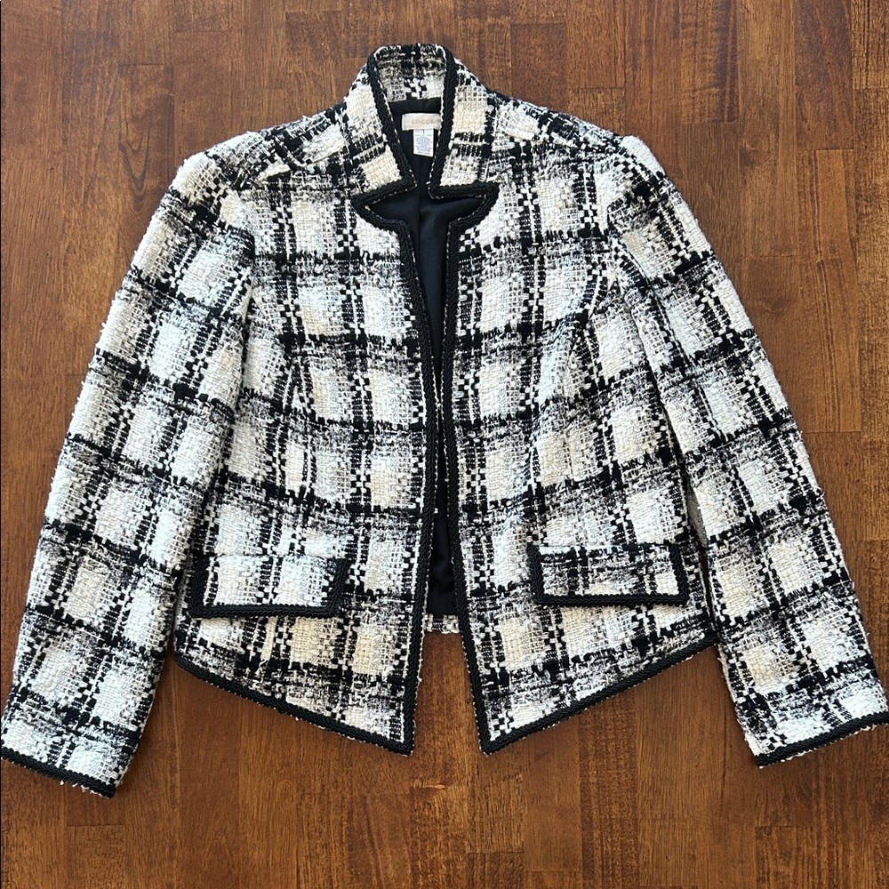 Chico’s Women’s chic classic timeless Black White Tweed Wool Blend Blazer size 1